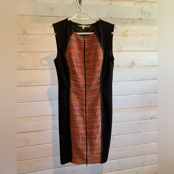 Rachel Roy | Orange & Pink Tweed Black Panel Zip Front Dress - Picture 2 of 7